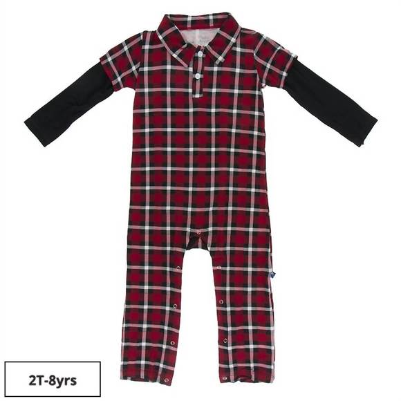 NEW KICKEE baby pants long sleeve plaid polo romper in xmas pla - Picture 1 of 1